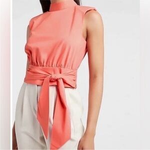 Express Cropped Tie Front Padded‎ Shoulder Mock Neck Tank Coral Peach Size M